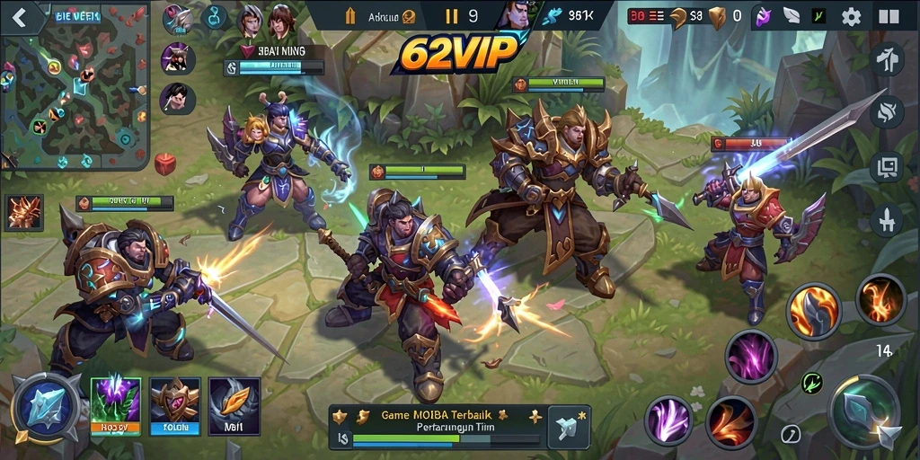 Screenshot dari gameplay MOBA yang penuh aksi dan strategi.