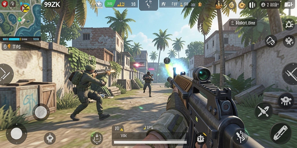 Screenshot gameplay 99ZK menampilkan aksi seru dalam pertempuran TPS.