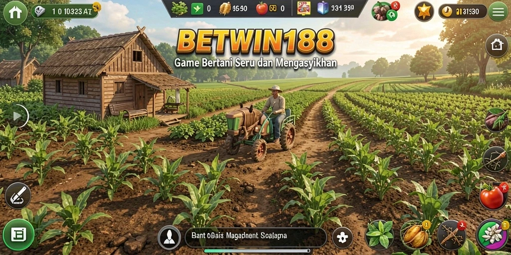 Tampilan gameplay BETWIN188 dengan berbagai tanaman dan ladang yang subur.