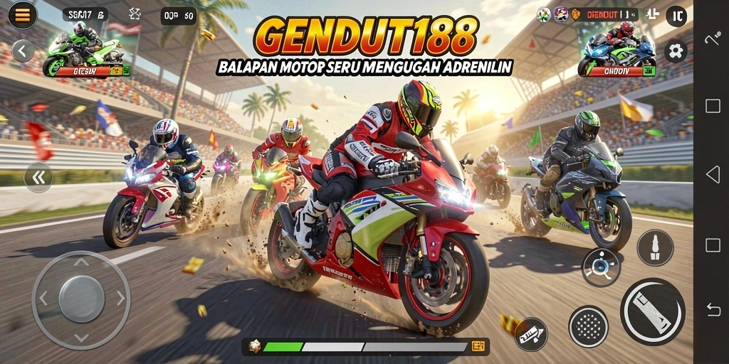 Tampilan gameplay mendebarkan dari GENDUT188 saat balapan motor.