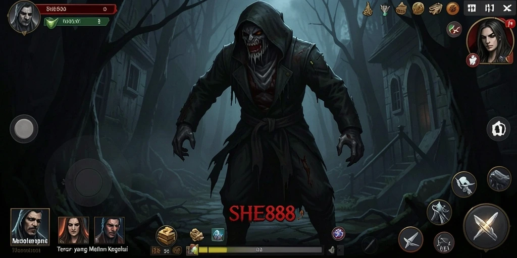 Screenshot menampilkan aksi menegangkan dalam dunia horor SHE888.