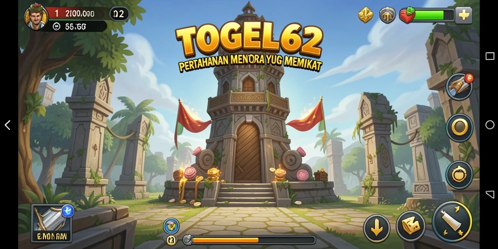 Tampilan gameplay TOGEL62 menunjukkan menara bertahan melawan serangan musuh.